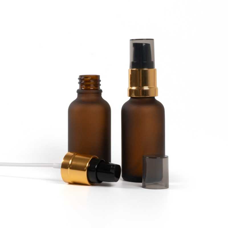 Sklenená fľaška, matná liekovka, hnedá, čierno-zlatý lesklý dávkovač s dymovým krytom, 30 ml