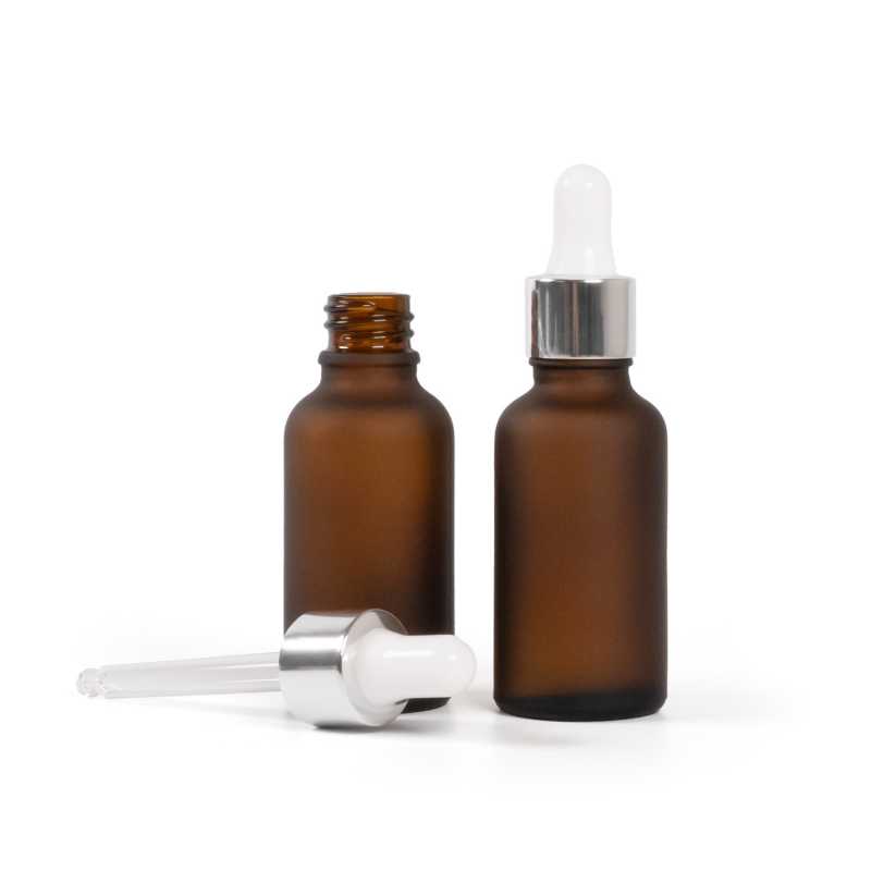 Sklenená fľaška, matná liekovka, strieborné lesklé kvapátko, 30 ml