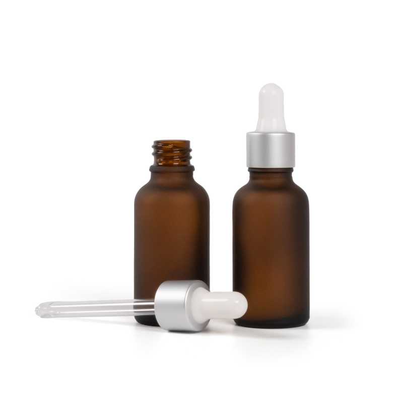 Sklenená fľaška, matná liekovka, strieborné matné kvapátko, 30 ml