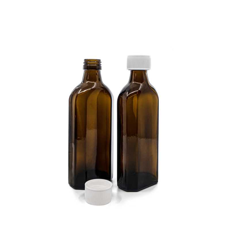 Sklenená fľaška, medicínska, plochá,PP28S, biely bezpečnostný vrchnák, 250 ml