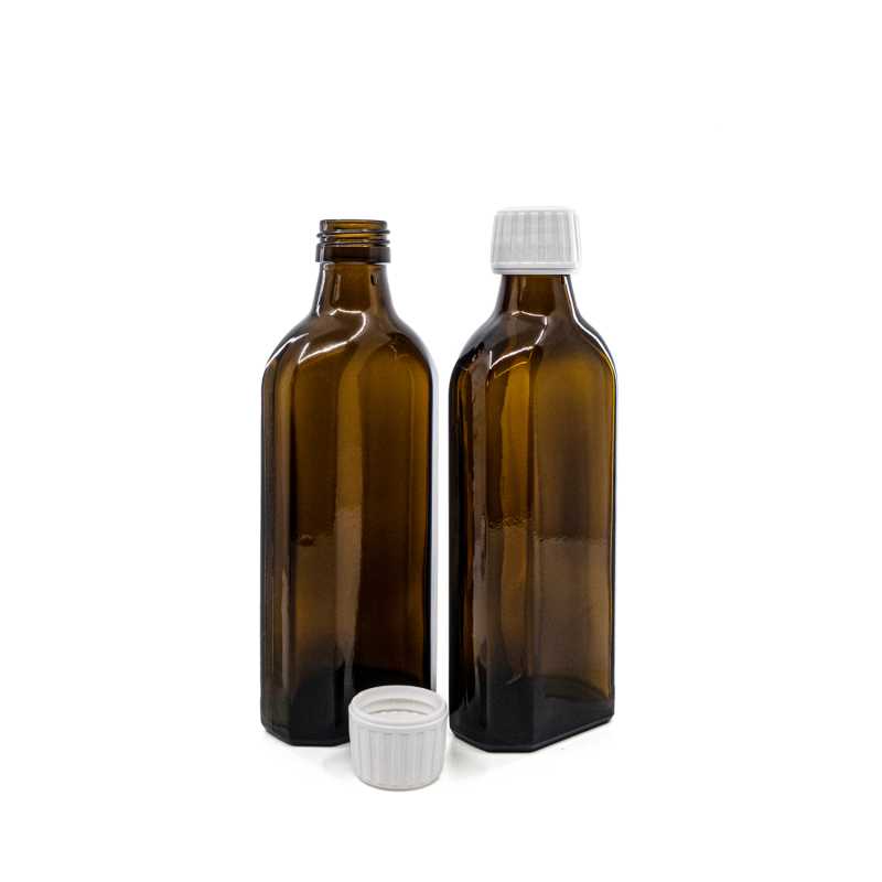 Sklenená fľaška, medicínska, plochá, PP28S, biely vrchnák, 250 ml