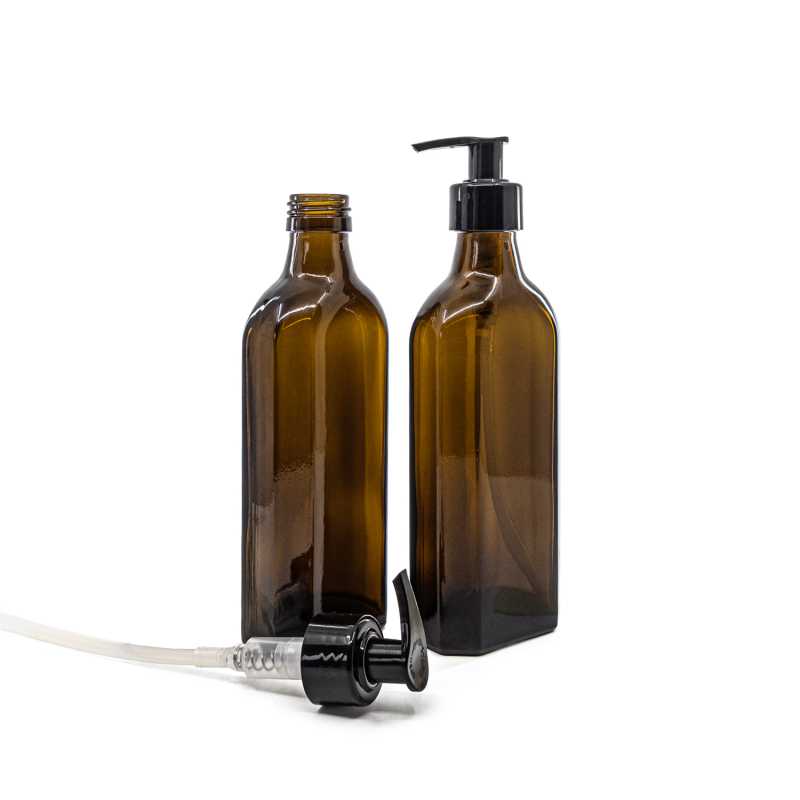 Sklenená fľaška, medicínska, plochá, PP28S, čierny dávkovač, hladká obruč, 250 ml