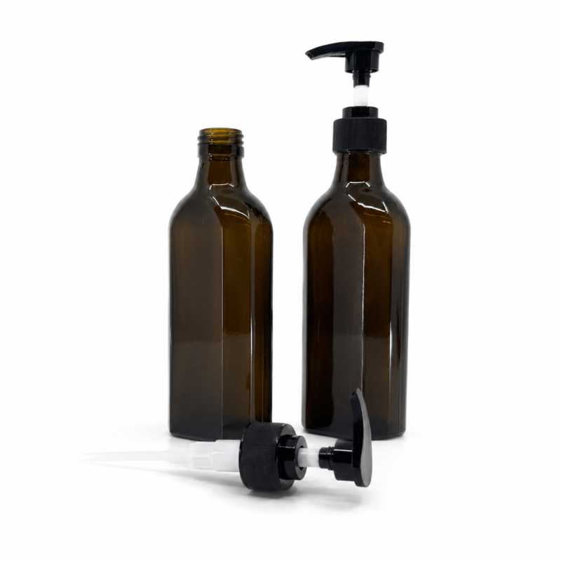 Sklenená fľaška, medicínska, plochá, PP28S, čierny dávkovač, vrúbkovaná obruč, 250 ml