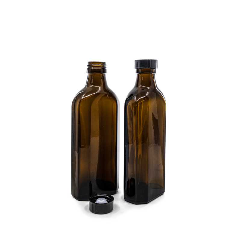 Sklenená fľaška, medicínska, plochá, PP28S, čierny nízky vrchnák, 250 ml