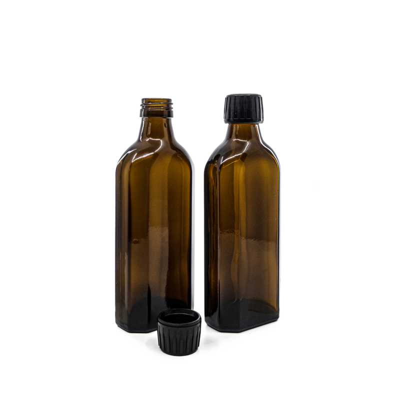 Sklenená fľaška, medicínska, plochá, PP28S, čierny vrchnák, 250 ml