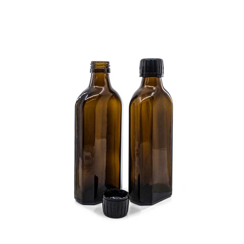 Sklenená fľaška, medicínska, plochá, PP28S, čierny vrchnák s nalievacou vložkou, 250 ml