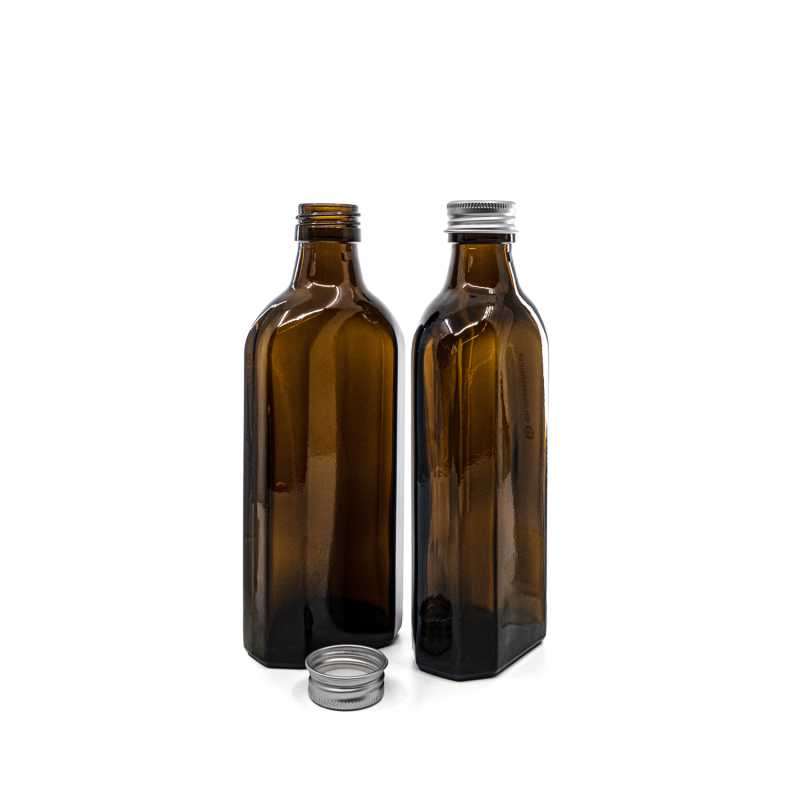 Sklenená fľaška, medicínska, plochá, PP28S, hliníkový vrchnák strieborný, 250 ml