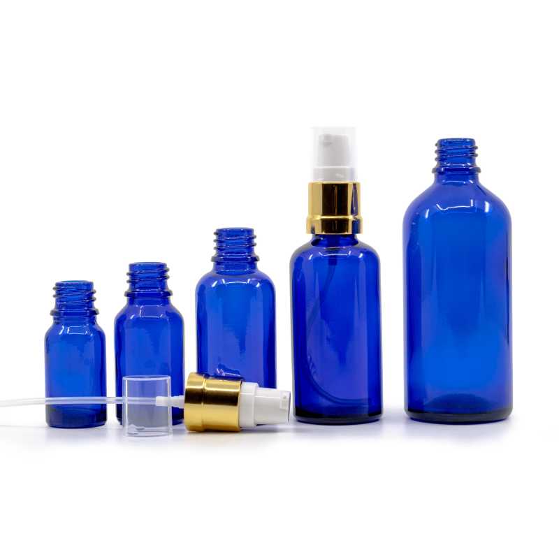 Sklenená fľaška, modrá, bielo-zlatý lesklý dávkovač, 30 ml