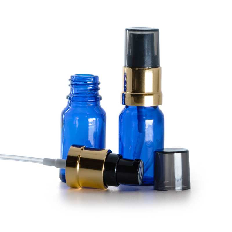 Sklenená fľaška, modrá, čierno-zlatý lesklý dávkovač s dymovým krytom, 10 ml