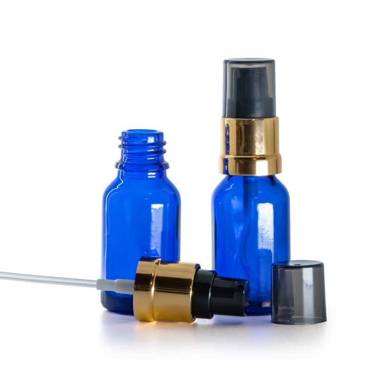 Sklenená fľaška, modrá, čierno-zlatý lesklý dávkovač s dymovým krytom, 15 ml