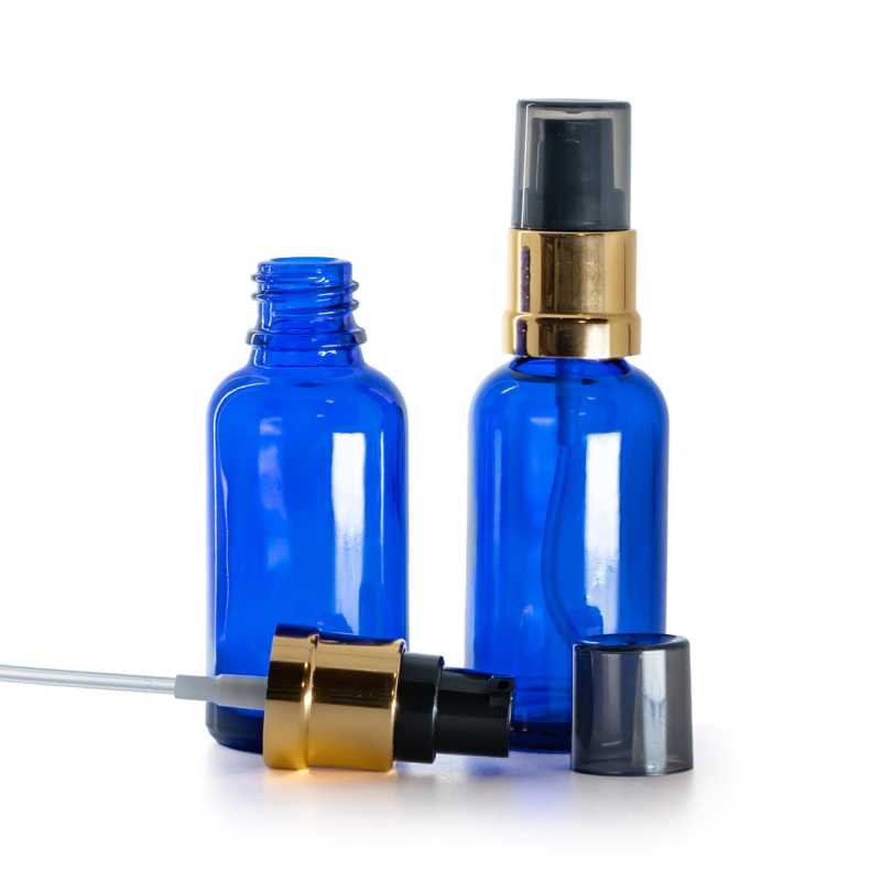 Sklenená fľaška, modrá, čierno-zlatý lesklý dávkovač s dymovým krytom, 30 ml