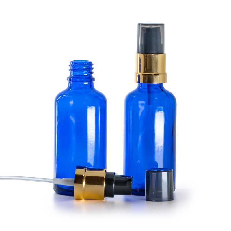 Sklenená fľaška, modrá, čierno-zlatý lesklý dávkovač s dymovým krytom, 50 ml