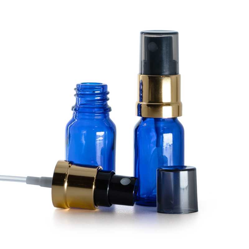 Sklenená fľaška, modrá, čierno-zlatý rozprašovač, dymový kryt, 10 ml