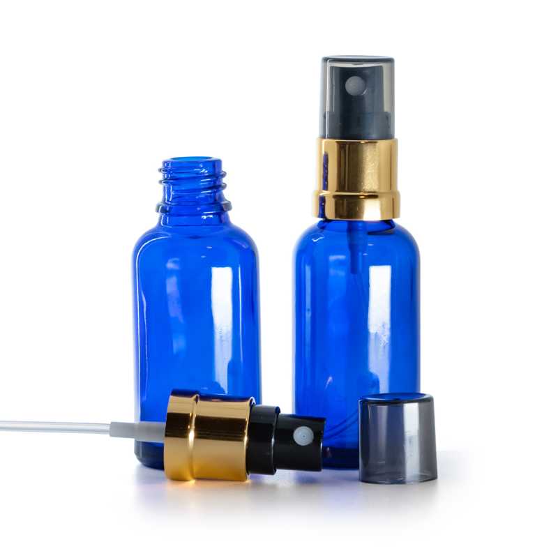 Sklenená fľaška, modrá, čierno-zlatý rozprašovač, dymový kryt, 30 ml