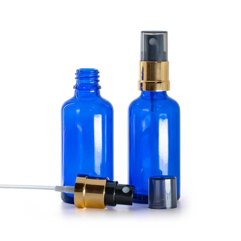 Sklenená fľaška, modrá, čierno-zlatý rozprašovač, dymový kryt, 50 ml
