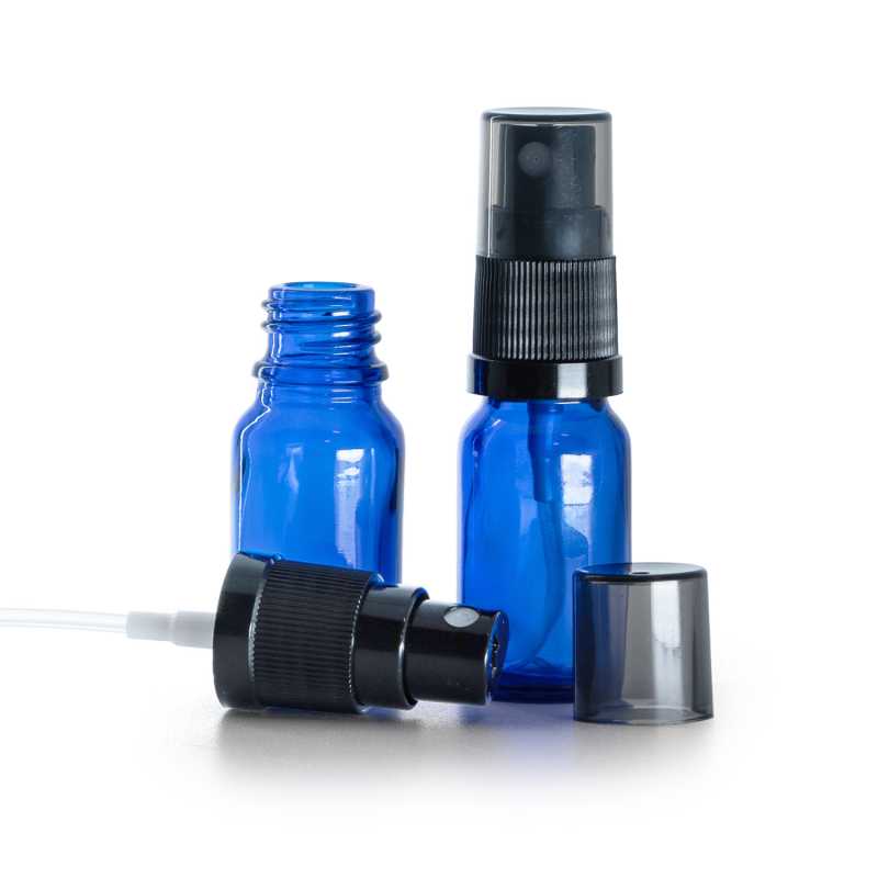 Sklenená fľaška, modrá, čierny rozprašovač, dymový kryt, 10 ml