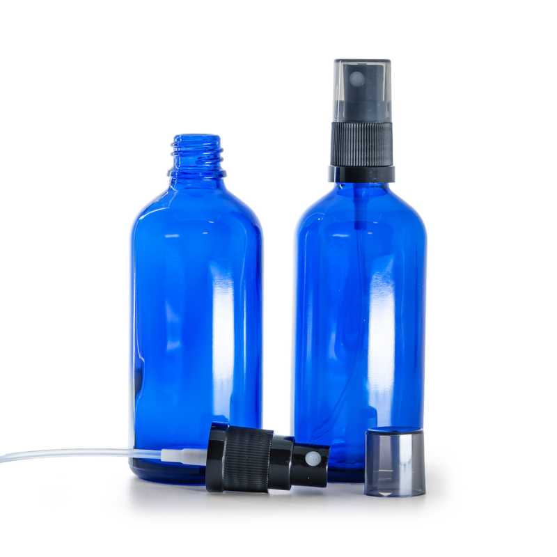 Sklenená fľaška, modrá, čierny rozprašovač, dymový kryt, 100 ml