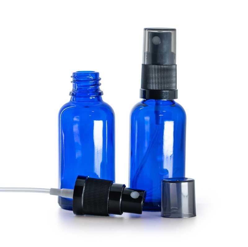 Sklenená fľaška, modrá, čierny rozprašovač, dymový kryt, 30 ml