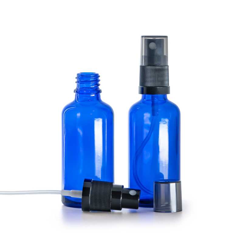 Sklenená fľaška, modrá, čierny rozprašovač, dymový kryt, 50 ml
