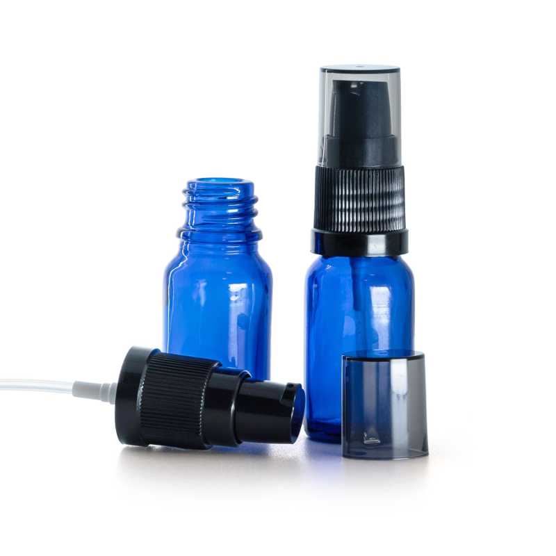 Sklenená fľaška, modrá, dávkovač krémov s dymovým krytom, 10 ml