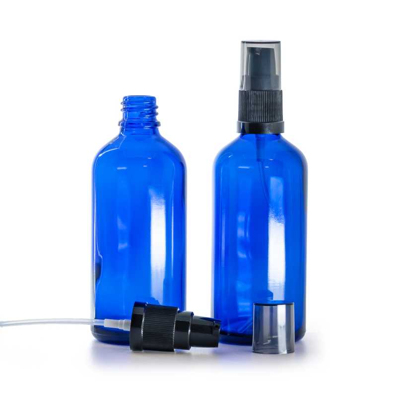 Sklenená fľaška, modrá, dávkovač krémov s dymovým krytom, 100 ml
