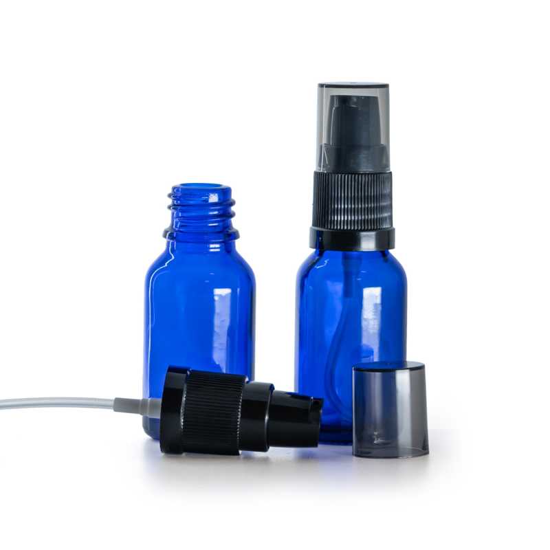 Sklenená fľaška, modrá, dávkovač krémov s dymovým krytom, 15 ml