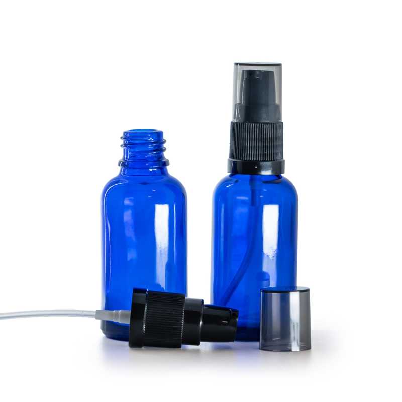 Sklenená fľaška, modrá, dávkovač krémov s dymovým krytom, 30 ml