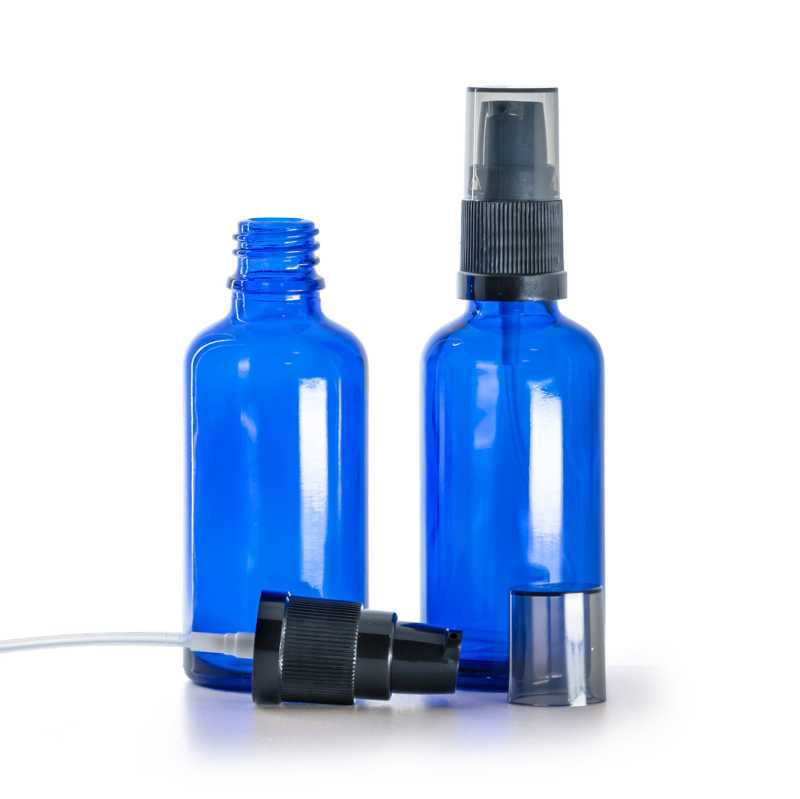 Sklenená fľaška, modrá, dávkovač krémov s dymovým krytom, 50 ml