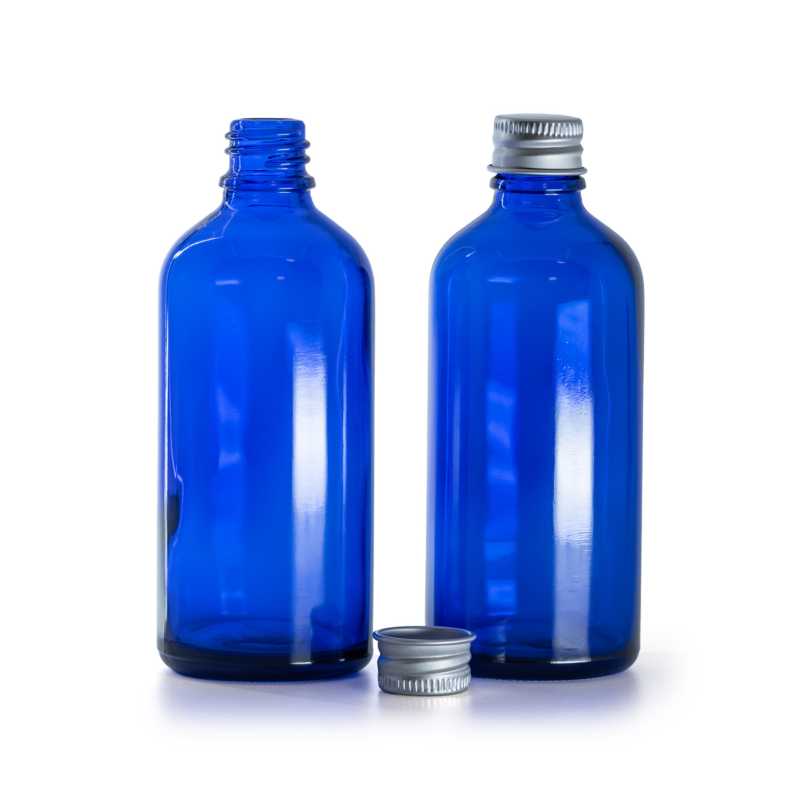 Sklenená fľaška, modrá, hliníkový vrchnák, 100 ml