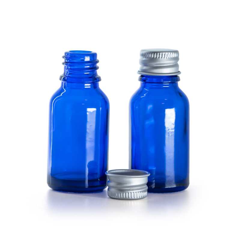 Sklenená fľaška, modrá, hliníkový vrchnák, 15 ml