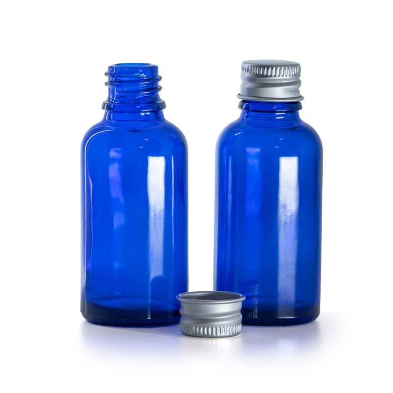 Sklenená fľaška, modrá, hliníkový vrchnák, 30 ml