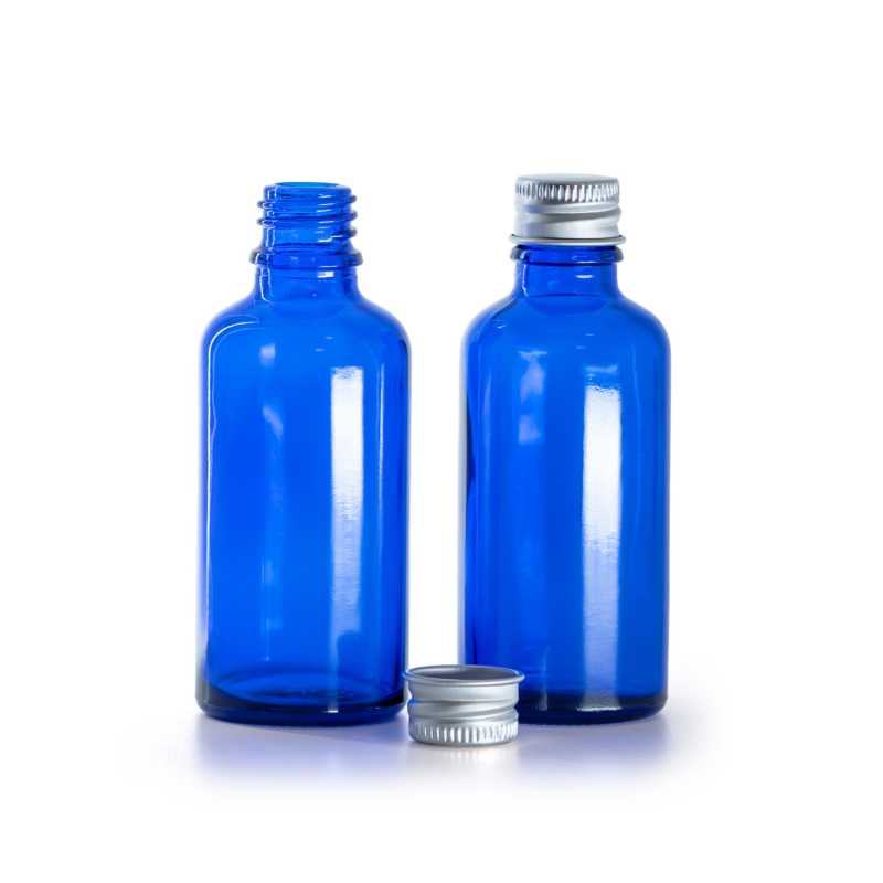 Sklenená fľaška, modrá, hliníkový vrchnák, 50 ml