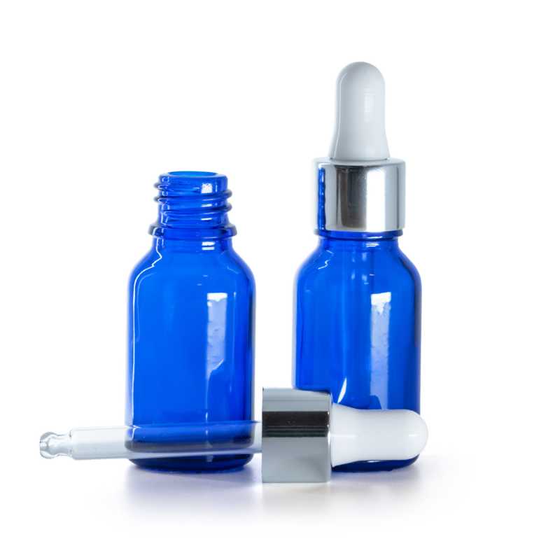 Sklenená fľaška, modrá, kvapátko strieborné lesklé, 15 ml