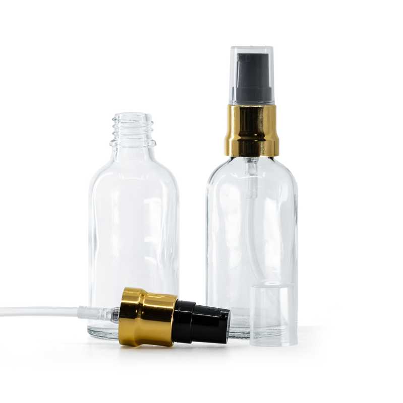Sklenená fľaška, priehľadná, čierno-zlatý lesklý dákovač, priehľadný vrch, 50 ml