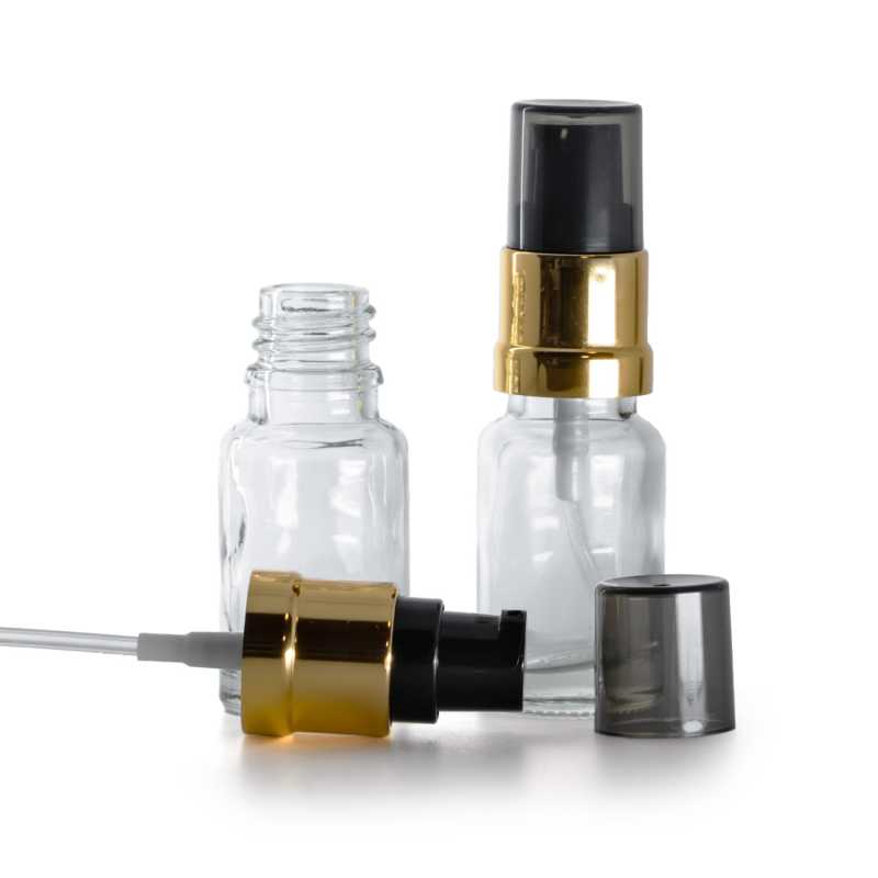 Sklenená fľaška, priehľadná, čierno-zlatý lesklý dávkovač s dymovým krytom, 10 ml