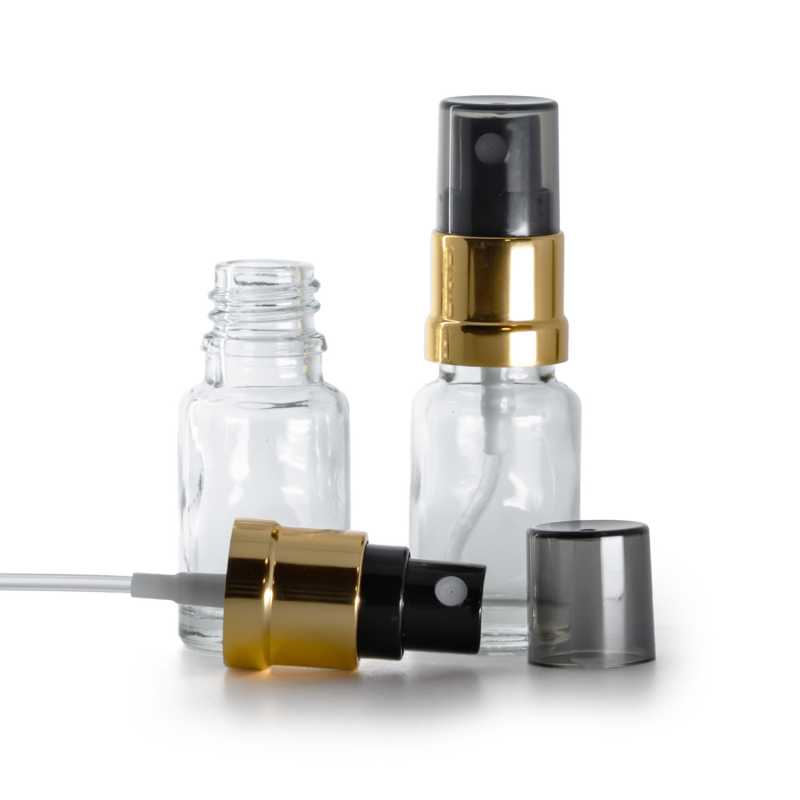 Sklenená fľaška, priehľadná, čierno-zlatý rozprašovač, dymový kryt, 10 ml 