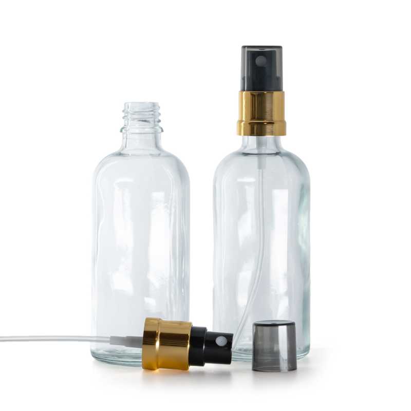 Sklenená fľaška, priehľadná, čierno-zlatý rozprašovač, dymový kryt, 100 ml