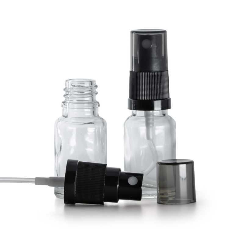 Sklenená fľaška, priehľadná, čierny rozprašovač, dymový kryt, 10 ml