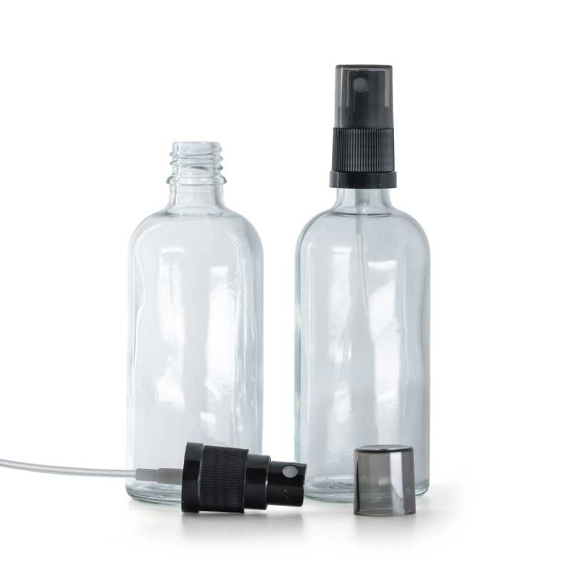 Sklenená fľaška, priehľadná, čierny rozprašovač, dymový kryt, 100 ml