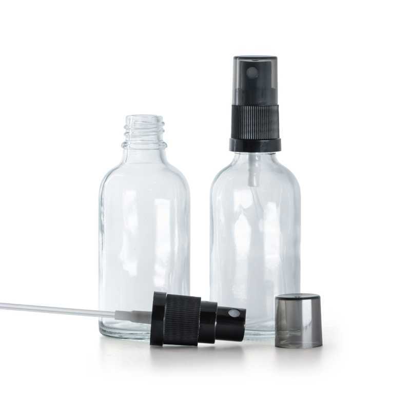 Sklenená fľaška, priehľadná, čierny rozprašovač, dymový kryt, 30 ml