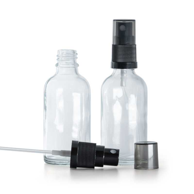 Sklenená fľaška, priehľadná, čierny rozprašovač, dymový kryt, 50 ml