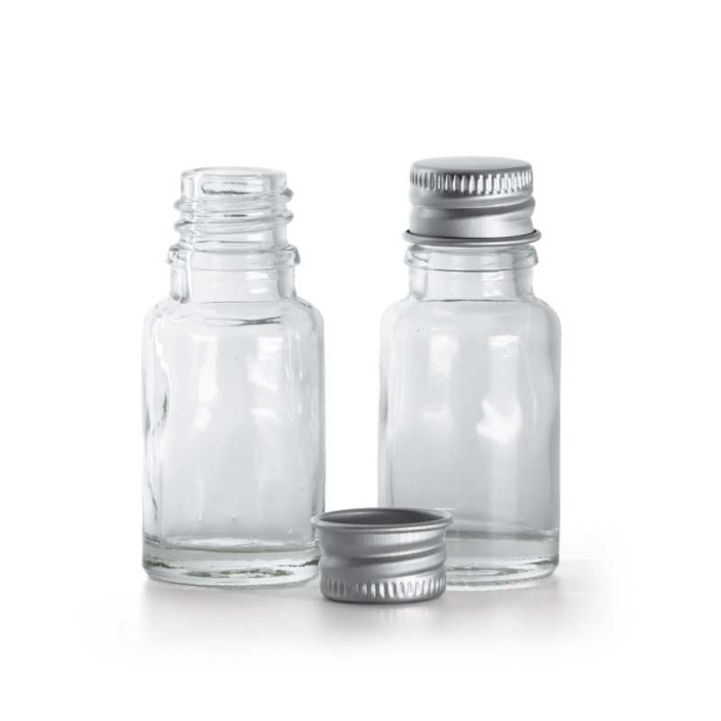 Sklenená fľaška, priehľadná, hliníkový vrchnák, 10 ml 