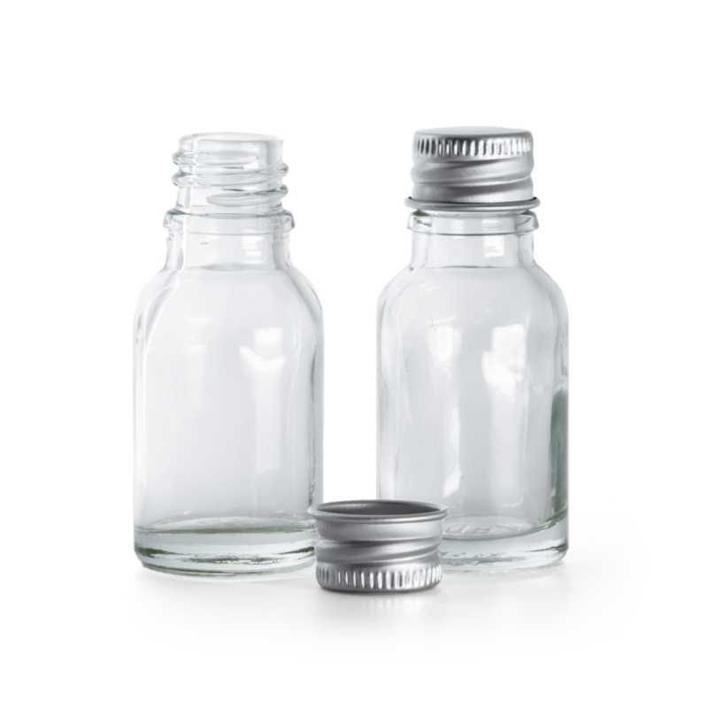 Sklenená fľaška, priehľadná, hliníkový vrchnák, 15 ml