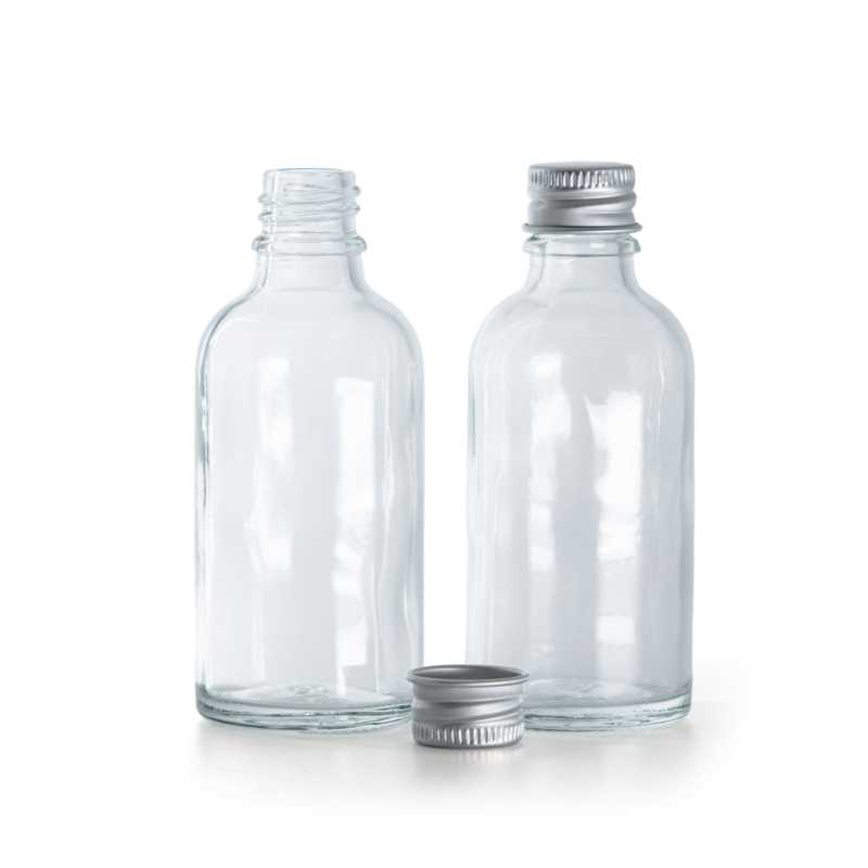 Sklenená fľaška, priehľadná, hliníkový vrchnák, 30 ml