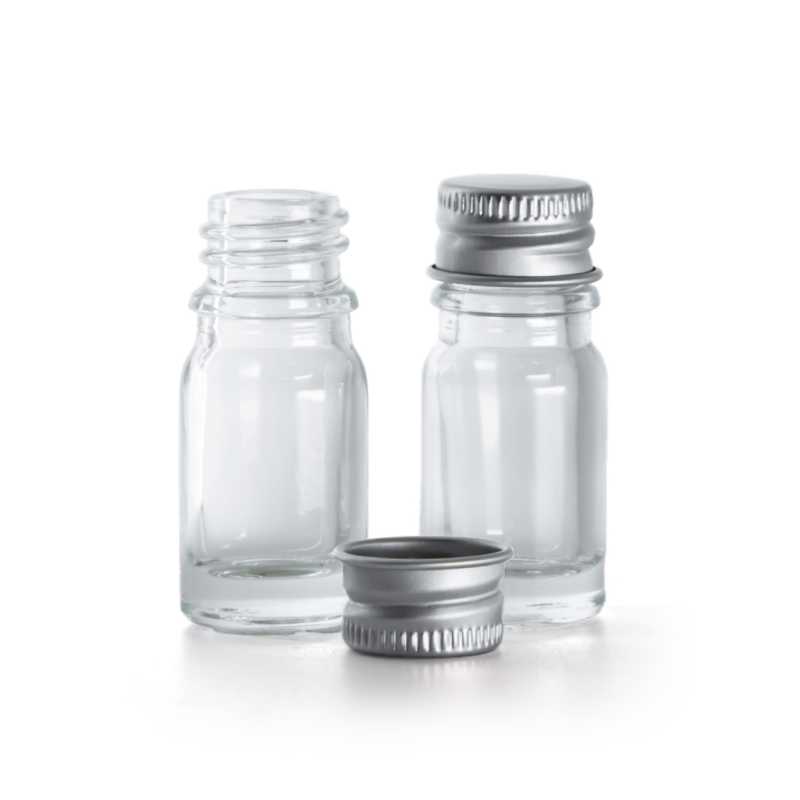 Sklenená fľaška, priehľadná, hliníkový vrchnák. 5 ml