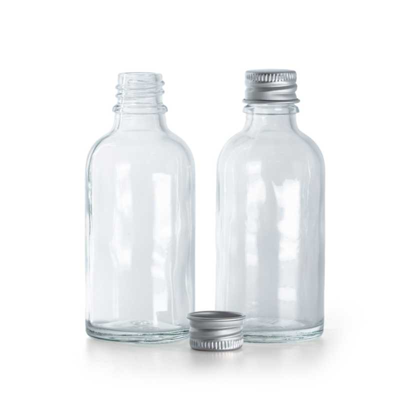 Sklenená fľaška, priehľadná, hliníkový vrchnák, 50 ml