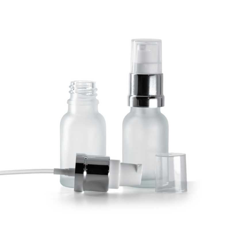 Sklenená fľaška, priehľadná, mliečna, bielo-strieborný lesklý dávkovač, 15 ml