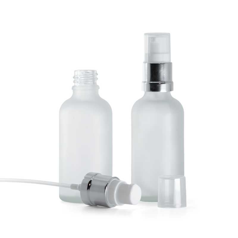 Sklenená fľaška, priehľadná mliečna, bielo-strieborný lesklý dávkovač, 50 ml