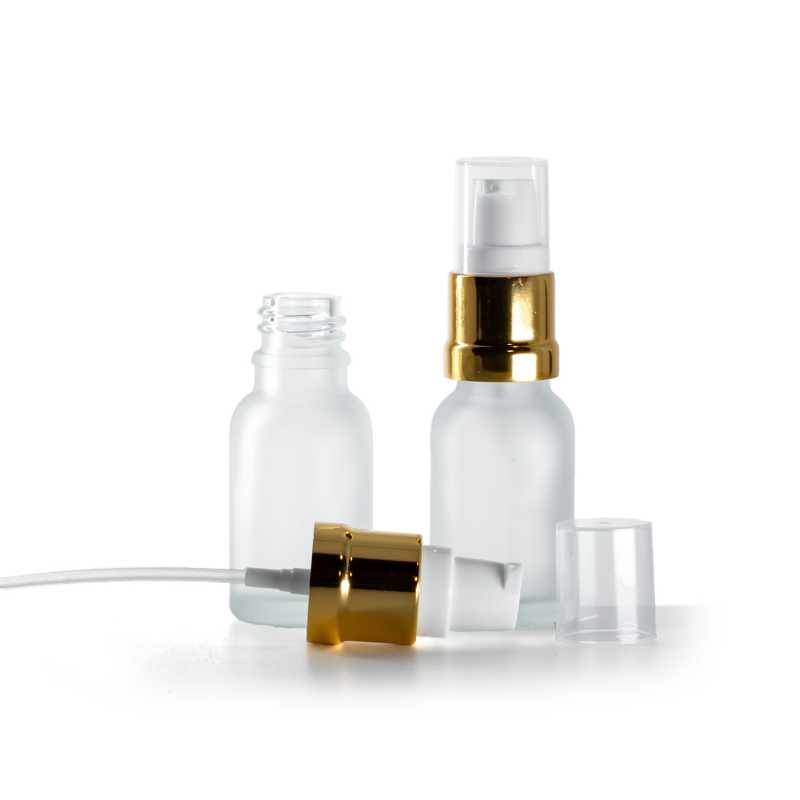 Sklenená fľaška, priehľadná, mliečna, bielo-zlatý lesklý dávkovač, 15 ml