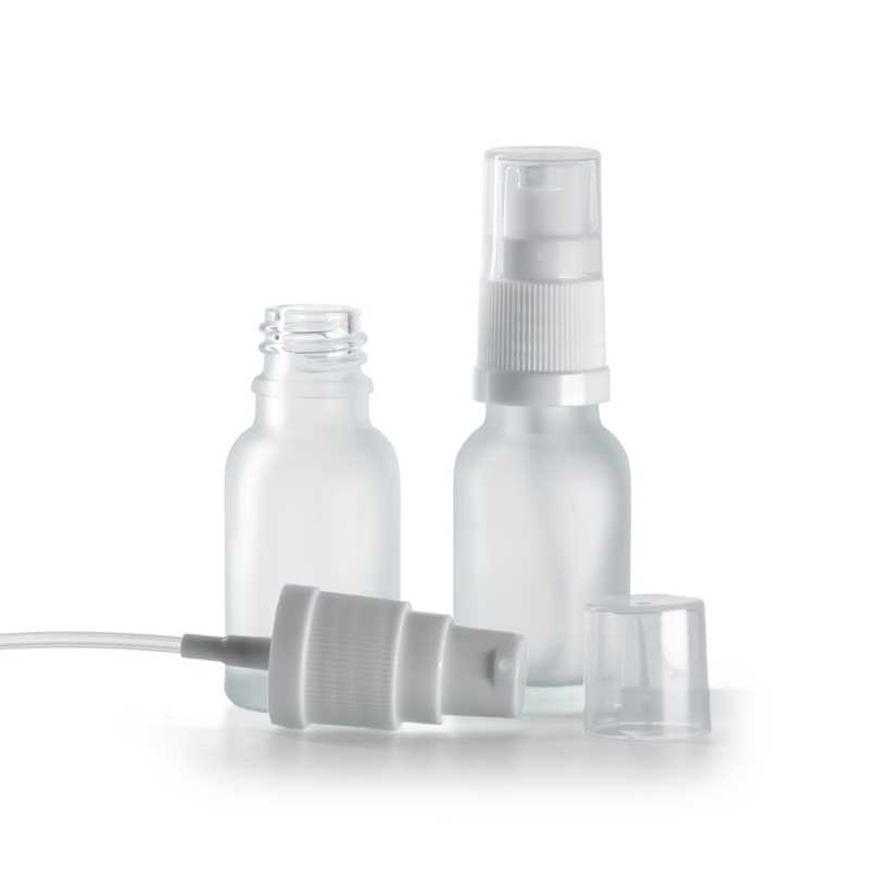 Sklenená fľaška, priehľadná, mliečna, biely dávkovač, 15 ml